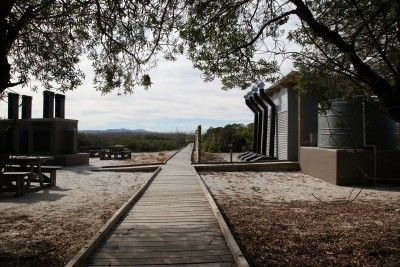 Boardwalks lead to communal facilities such as composting toilets and braai areas